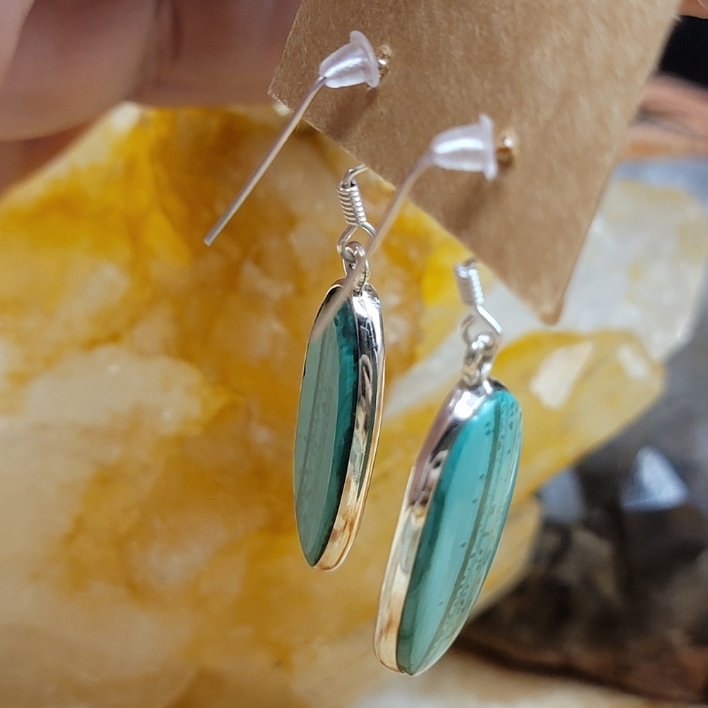 NEW Unique Double Sided Malachite & .925 Sterling Silver Dangle Earrings Boho - Picture 3 of 11